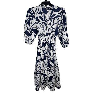 Mille Gabrielle Navy White Floral Button Front Midi Dress Size S